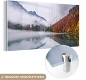 MuchoWow® Glasschilderij 80x40 cm - Schilderij acrylglas - Herfst - Mist - Water - Landschap - Foto op glas - Schilderijen