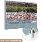 MuchoWow® Glasschilderij 60x40 cm - Schilderij acrylglas - Een grote groep rode flamingos staan in het water - Foto op glas - Schilderijen