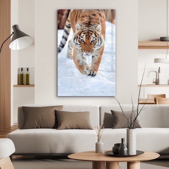 MuchoWow® Peinture sur verre 80x120 cm - Peinture acrylique sur verre - Tigre - Neige - Animaux - Photo sur verre - Peintures