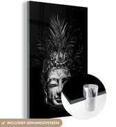 MuchoWow® Glasschilderij 120x180 cm - Schilderij acrylglas - Hoofd van een Boeddha met bladeren erachter - zwart wit - Foto op glas - Schilderijen