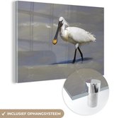 MuchoWow® Glasschilderij 90x60 cm - Schilderij acrylglas - Een Lepelaar loopt door het water - Foto op glas - Schilderijen