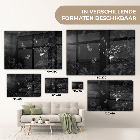 Glasschilderij - Jungle - Vogel - Vlinder - Bloemen - 90x60 cm - Acrylglas Schilderijen - Foto op Glas - Slaapkamer decoratie