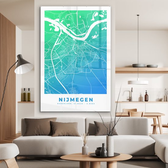 MuchoWow® Glasschilderij 100x150 cm - Schilderij acrylglas - Stadskaart - Nijmegen - Blauw - Groen - Foto op glas - Schilderijen - Plattegrond