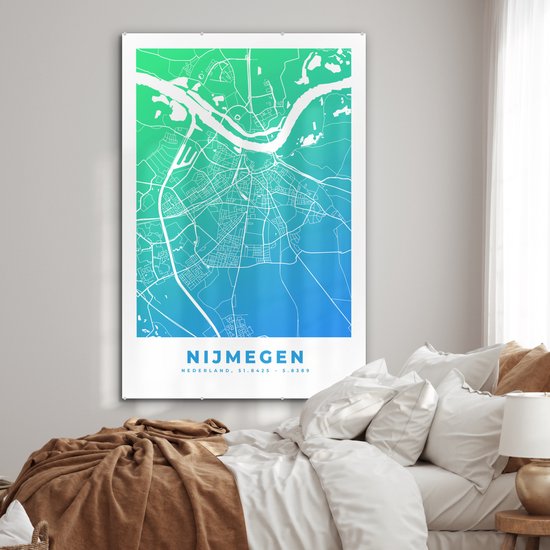 MuchoWow® Glasschilderij 100x150 cm - Schilderij acrylglas - Stadskaart - Nijmegen - Blauw - Groen - Foto op glas - Schilderijen - Plattegrond