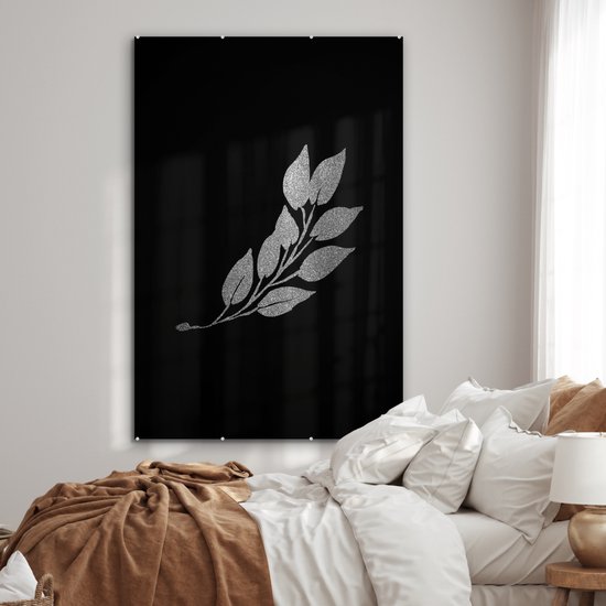 MuchoWow® Peinture sur Verre - Branche avec feuilles allongées sur fond noir - noir et blanc - 100x150 cm - Peintures sur Verre Acrylique - Photo sur Glas