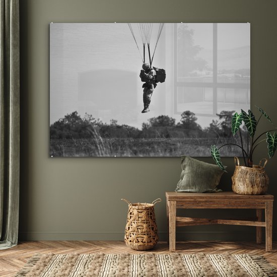 MuchoWow® Peinture sur verre 180x120 cm - Peinture sur verre acrylique - Amérique - Zwart - Wit - Parachute - Photo sur verre - Peintures