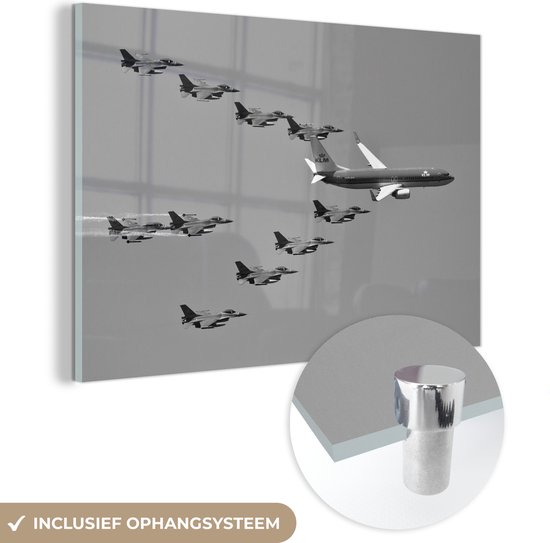 MuchoWow® Glasschilderij 180x120 cm - Schilderij acrylglas - Personenvliegtuig met escorte van straaljagers - zwart wit - Foto op glas - Schilderijen
