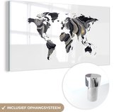 MuchoWow® Glasschilderij 40x20 cm - Schilderij acrylglas - Wereldkaart - Goud - Zilver - Zwart - Foto op glas - Schilderijen