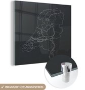 MuchoWow® Glasschilderij 20x20 cm - Schilderij acrylglas - Landkaart - Nederland - Zwart - Wit - Foto op glas - Schilderijen