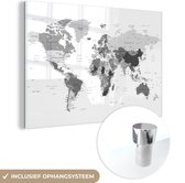 MuchoWow® Glasschilderij 120x80 cm - Schilderij acrylglas - Abstracte wereldkaart met grijstinten - zwart wit - Foto op glas - Schilderijen