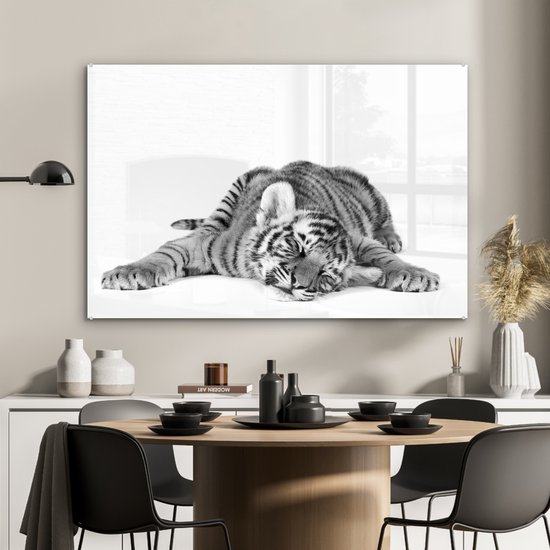MuchoWow® Peinture sur Verre - Tigre Endormi - noir et blanc - 90x60 cm - Peintures sur Verre Acrylique - Photo sur Glas