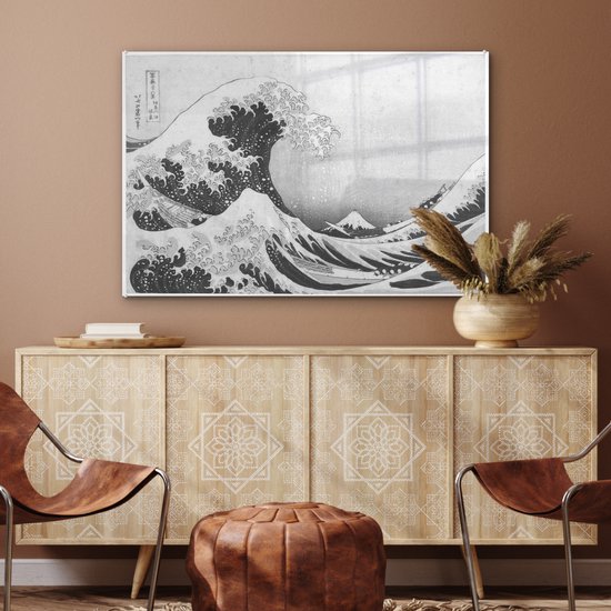 ® Glasschilderij 90x60 cm - Schilderij acrylglas - De grote golf bij Kanagawa - Schilderij van Katsushika Hokusai - Foto op glas - Muurdecoratie woonkamer - Wanddecoratie slaapkamer - Schilderijen
