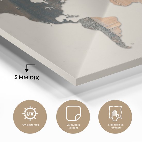 Peinture sur Verre - Carte du Wereldkaart - Bois - Planche - 80x60 cm - Peintures sur Verre Peintures - Photo sur Glas