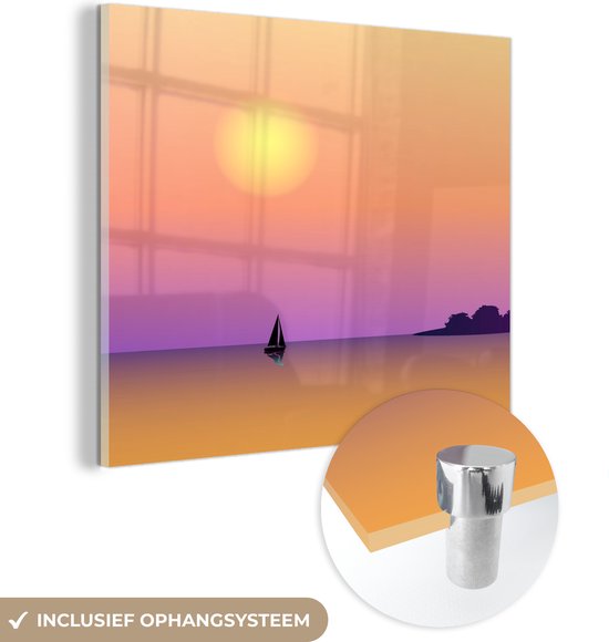 MuchoWow® Glasschilderij 50x50 cm - Schilderij acrylglas - Zeilboot - Zee - Nacht - Pastel - Foto op glas - Schilderijen