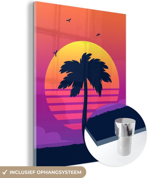 MuchoWow® Peinture sur verre 90x120 cm - Peinture sur verre acrylique - Palmier - Silhouette - Été - Photo sur verre - Peintures