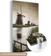 MuchoWow® Glasschilderij 120x180 cm - Schilderij acrylglas - Molen - Brug - Nederland - Foto op glas - Schilderijen