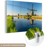 MuchoWow® Glasschilderij 30x20 cm - Schilderij acrylglas - Molen - Water - Reflectie - Nederland - Foto op glas - Schilderijen