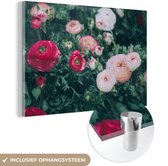 MuchoWow® Glasschilderij 120x80 cm - Schilderij acrylglas - Bloemen - Bladeren - Roze - Foto op glas - Schilderijen