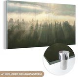 MuchoWow® Glasschilderij 160x80 cm - Schilderij acrylglas - Bos - Mist - Zon - Foto op glas - Schilderijen