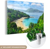 MuchoWow® Glasschilderij 90x60 cm - Schilderij acrylglas - Strand - Zee - Eiland - Boom - Foto op glas - Schilderijen