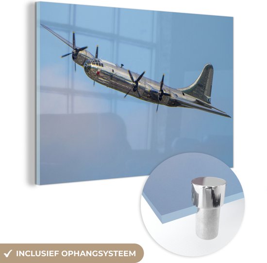 MuchoWow® Glasschilderij 180x120 cm - Schilderij acrylglas - Vliegtuig - Vliegen - Blauw - Foto op glas - Schilderijen