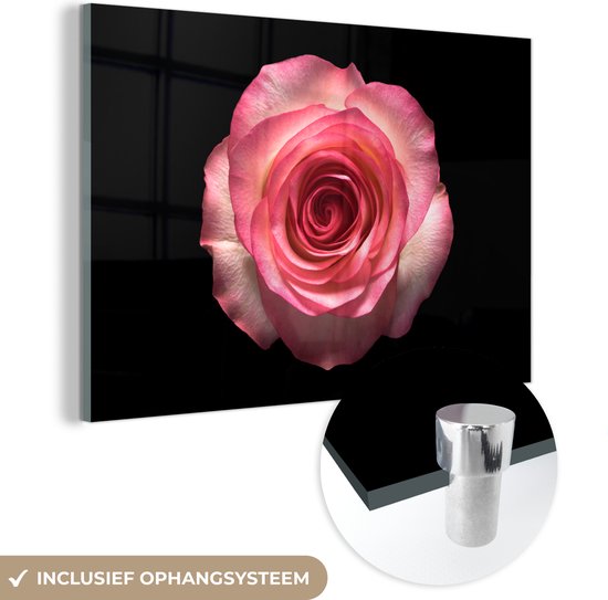 MuchoWow® Glasschilderij 150x100 cm - Schilderij acrylglas - Rozen - Roze - Zwart - Foto op glas - Schilderijen