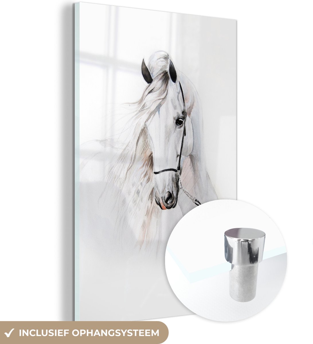 ® Glasschilderij 100x150 cm - Schilderij acrylglas - Paard - Waterverf - Dieren - Wit - Foto op glas - Muurdecoratie woonkamer - Wanddecoratie slaapkamer - Schilderijen
