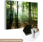 MuchoWow® Glasschilderij 180x120 cm - Schilderij acrylglas - Bos - Zon - Bladeren - Foto op glas - Schilderijen