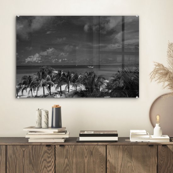 MuchoWow® Peinture sur verre - Aruba - Palmier - Zwart - Wit - 60x40 cm - Peintures sur verre acrylique - Photo sur Glas