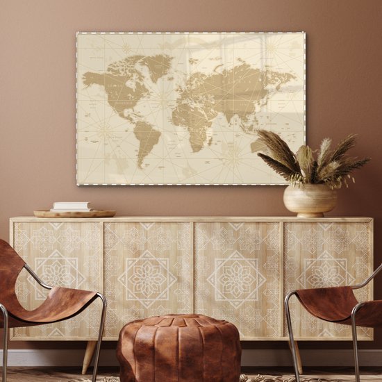 Peinture sur Verre - Carte du Wereldkaart - Vintage - Rétro - 120x80 cm - Peintures sur Verre Peintures - Photo sur Glas