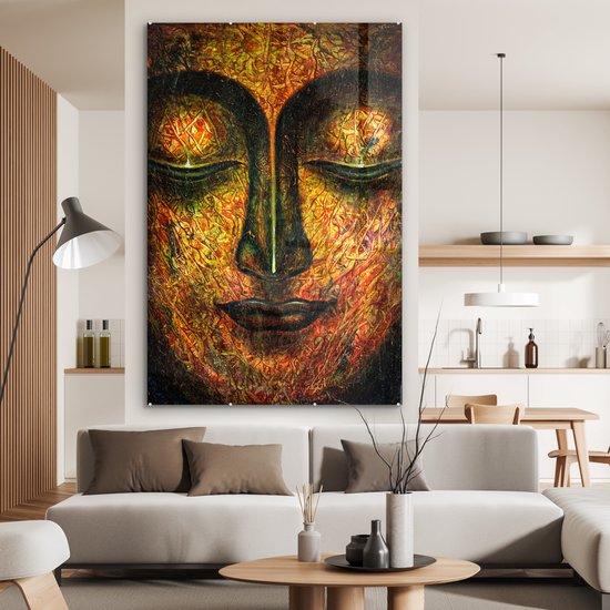 MuchoWow® Peinture sur Verre - Bouddha - Visage - Oranje - 100x150 cm - Peintures sur Verre Peintures - Photo sur Glas