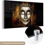 MuchoWow® Glasschilderij 40x20 cm - Schilderij acrylglas - Boeddha - Zilver - Goud - Foto op glas - Schilderijen