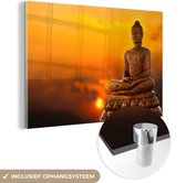 MuchoWow® Glasschilderij 90x60 cm - Schilderij acrylglas - Boeddha - Goud - Zon - Foto op glas - Schilderijen