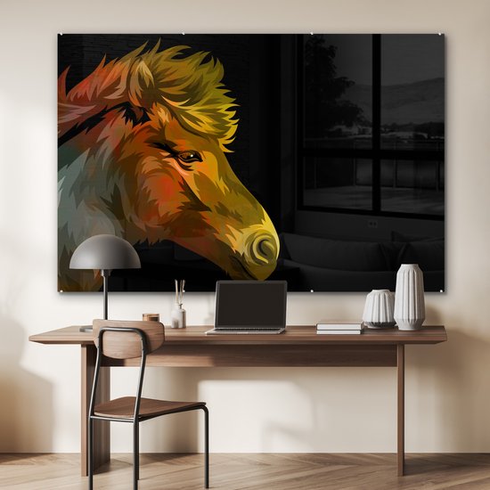 MuchoWow® Peinture sur verre 150x100 cm - Peinture sur verre acrylique - Cheval - Jaune - Zwart - Filles - Enfants - Meiden - Photo sur verre - Peintures