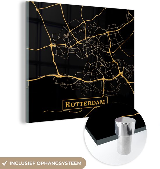 Peinture sur Verre - Carte - Rotterdam - Zwart - Or - 90x90 cm - Peintures sur Verre Peintures - Photo sur Glas