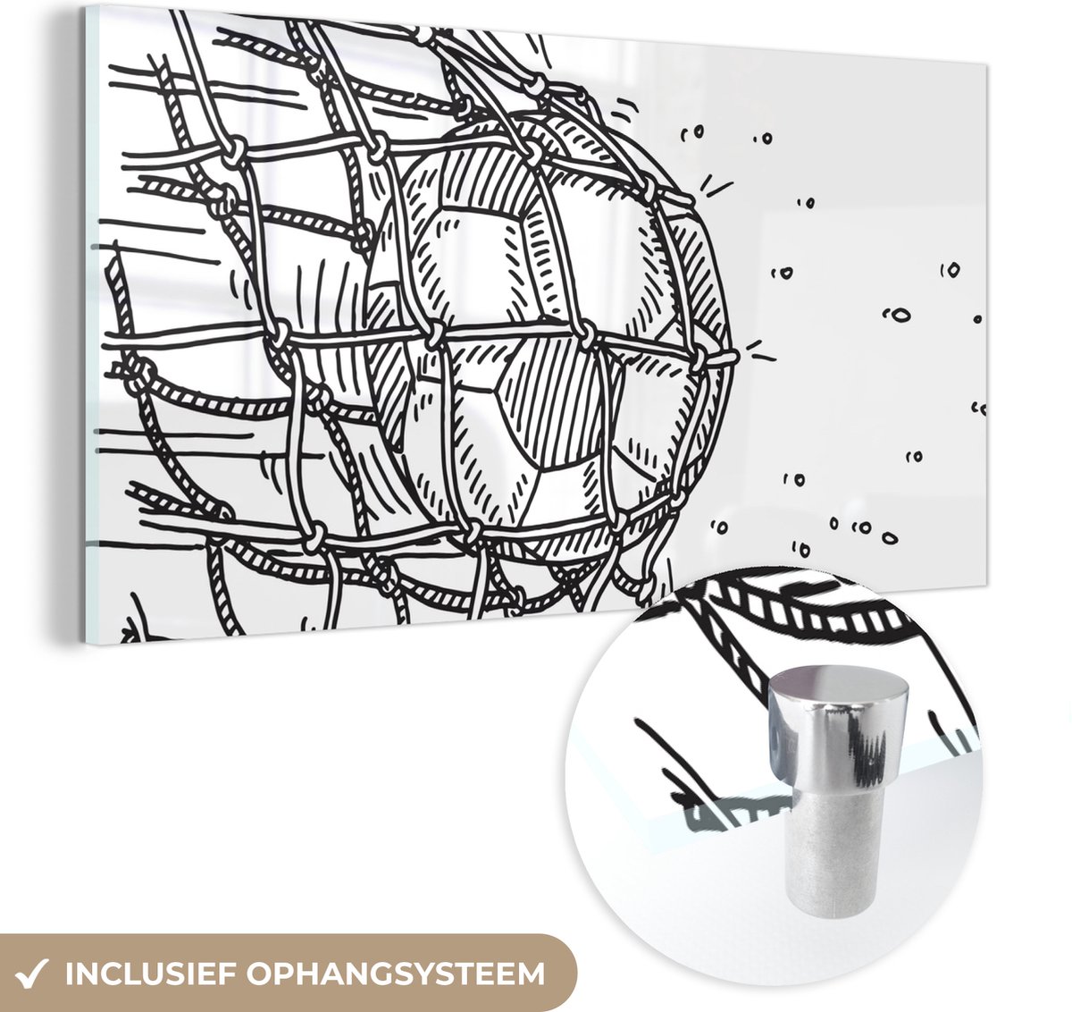 ® Glasschilderij 40x20 cm - Schilderij acrylglas - Een illustratie van een voetbal die het doel ingeschoten is - Jongens - Meiden - Kinderen - Foto op glas - Muurdecoratie woonkamer - Wanddecoratie slaapkamer - Schilderijen