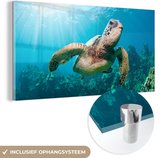 MuchoWow® Glasschilderij 80x40 cm - Schilderij acrylglas - Zwemmende schildpad fotoafdruk - Foto op glas - Schilderijen