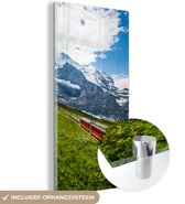 MuchoWow® Glasschilderij 20x40 cm - Schilderij acrylglas - Alpen - Trein - Rood - Foto op glas - Schilderijen