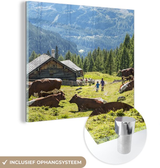 MuchoWow® Glasschilderij 50x50 cm - Schilderij acrylglas - Boerderij in de bergen van Oostenrijk - Foto op glas - Schilderijen