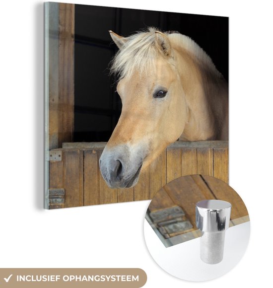 MuchoWow® Glasschilderij 90x90 cm - Schilderij glas - Fjord paard in een houten stal - Foto op acrylglas - Schilderijen