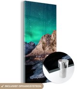 MuchoWow® Glasschilderij 40x80 cm - Schilderij acrylglas - Noorderlicht - Berg - Noorwegen - Foto op glas - Schilderijen