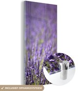MuchoWow® Glasschilderij 20x40 cm - Schilderij acrylglas - Close-up van een veld paarse lavendel - Foto op glas - Schilderijen
