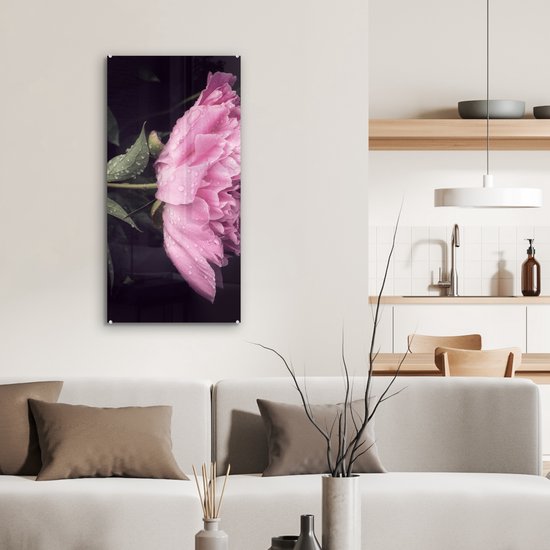 MuchoWow® Peinture sur verre 40x80 cm - Peinture sur verre acrylique - Pivoine avec gouttes de rosée - Photo sur verre - Peintures