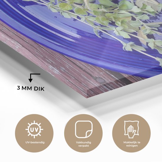 MuchoWow® Peinture sur verre 60x40 cm - Peinture sur verre acrylique - Une assiette bleue avec du thym aromatique sur une table en bois - Photo sur verre - Peintures