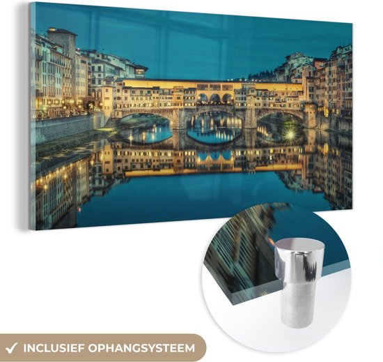 MuchoWow® Glasschilderij 160x80 cm - Schilderij acrylglas - Indrukwekkende kleur in de lucht boven de Ponte Vecchio - Foto op glas - Schilderijen