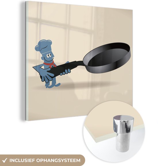 MuchoWow® Glasschilderij 50x50 cm - Schilderij acrylglas - Een illustratie van een stripfiguur met een koekenpan - Foto op glas - Schilderijen