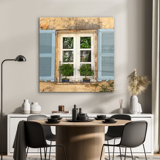 MuchoWow® Peinture sur verre 90x90 cm - Peinture acrylique sur verre - Vieux mur avec volets bleus - Photo sur verre - Peintures