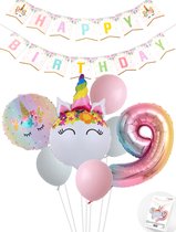 Eenhoorn Unicorn Sweet Color Feestpakket inclusief DIY Happy Birthday Slinger - Snoes - Cijfer Ballon 9 Jaar - Roze - Wit - Pastel