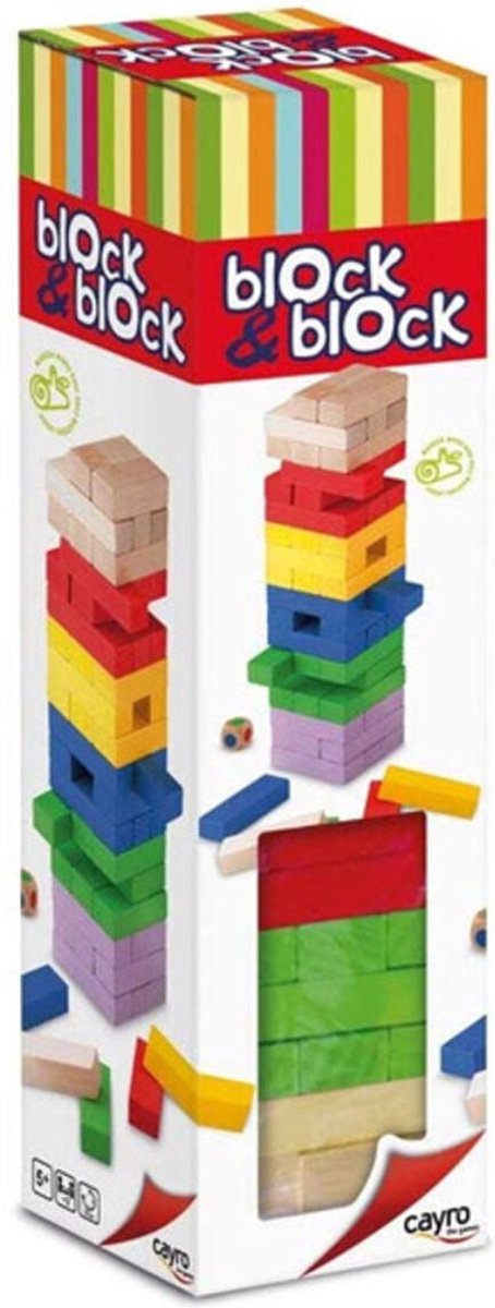 Cayro Block & Block Colors - Wiebeltoren van FSC Hout met Kleurendobbelsteen - 54 Houten Blokjes in 6 Kleuren - Behendigheidsspel - 2-8 Spelers - Vanaf 5 Jaar - Cayro Collection