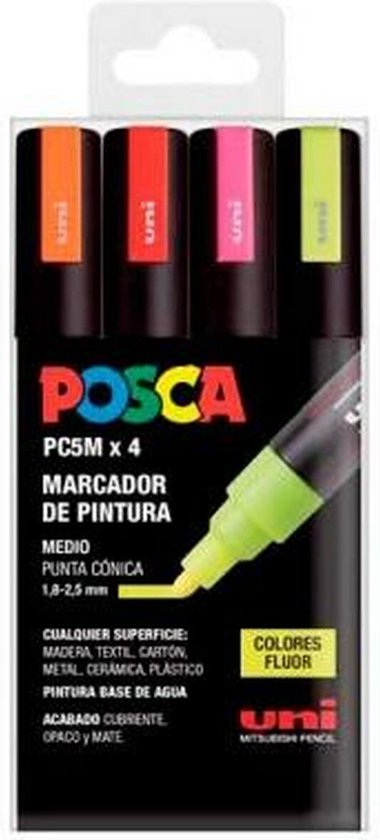 UNI Posca Viltstiften, 5 m, fluor, 4 stuks